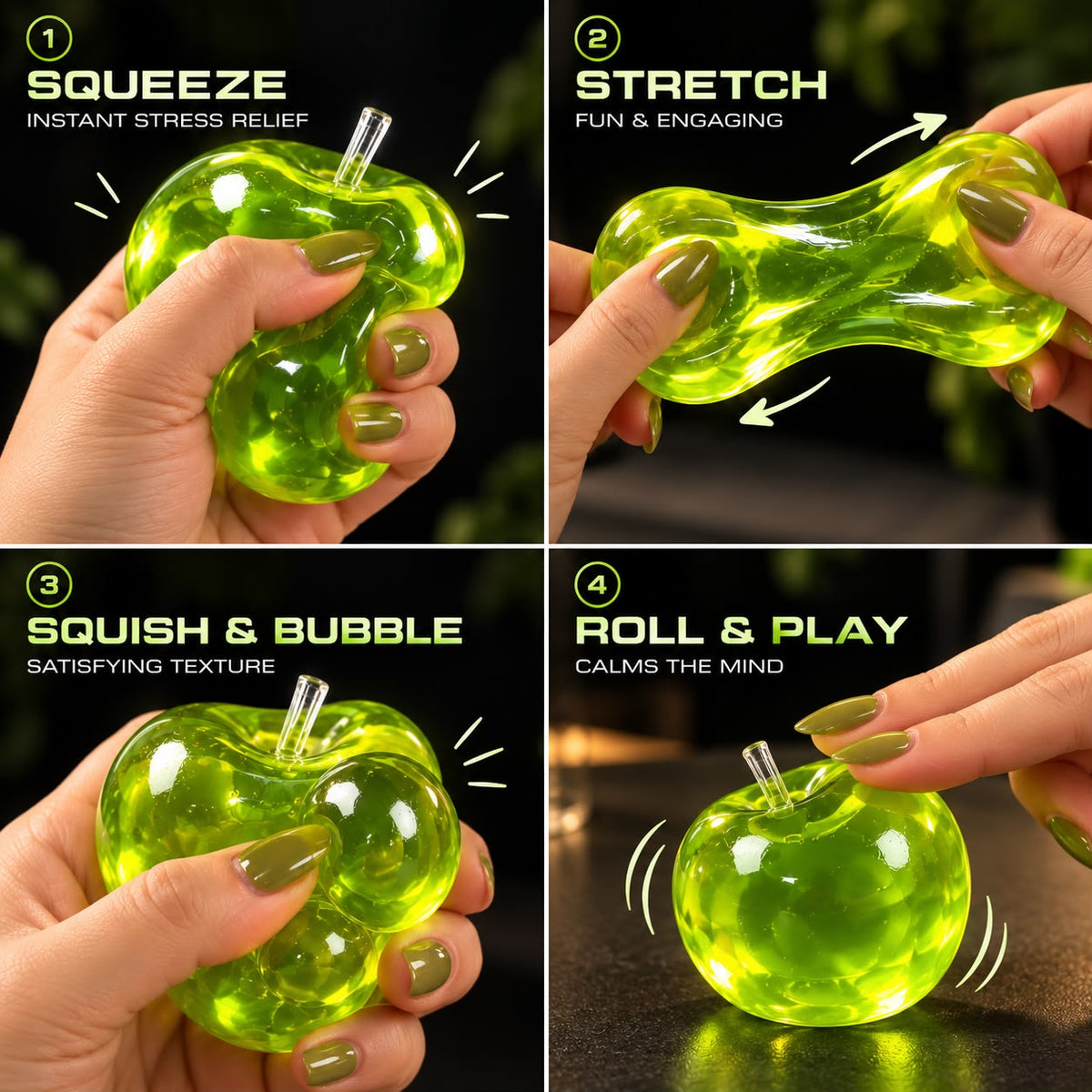 How to use the sensory squishy apple: squeeze, stretch, squish and roll