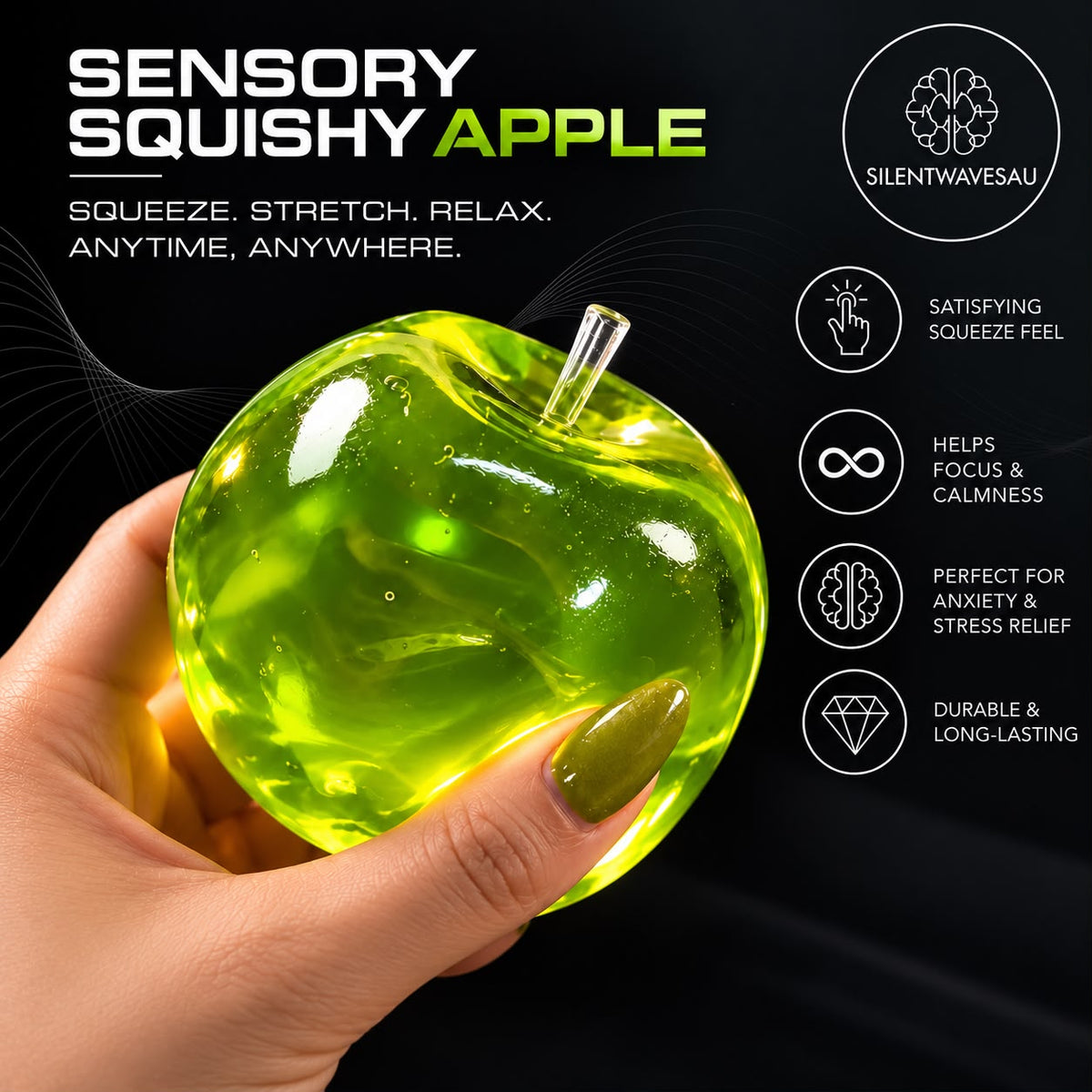 Sensory Squishy Apple green tactile fidget, Silent Waves product cover